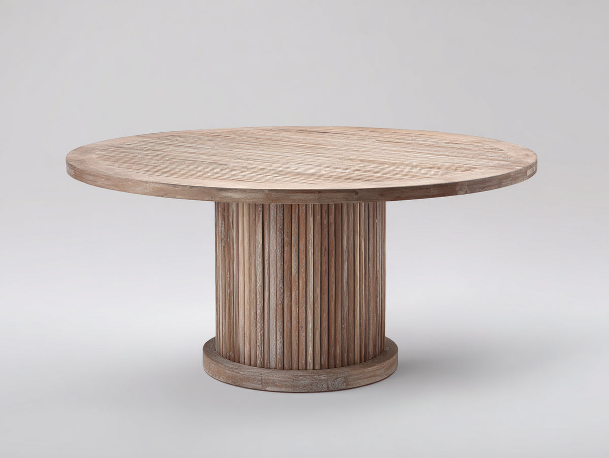 Gartentisch Holz 150x150x75 cm - Naturholz - rundes Design mit geriffeltem Säulenfuß