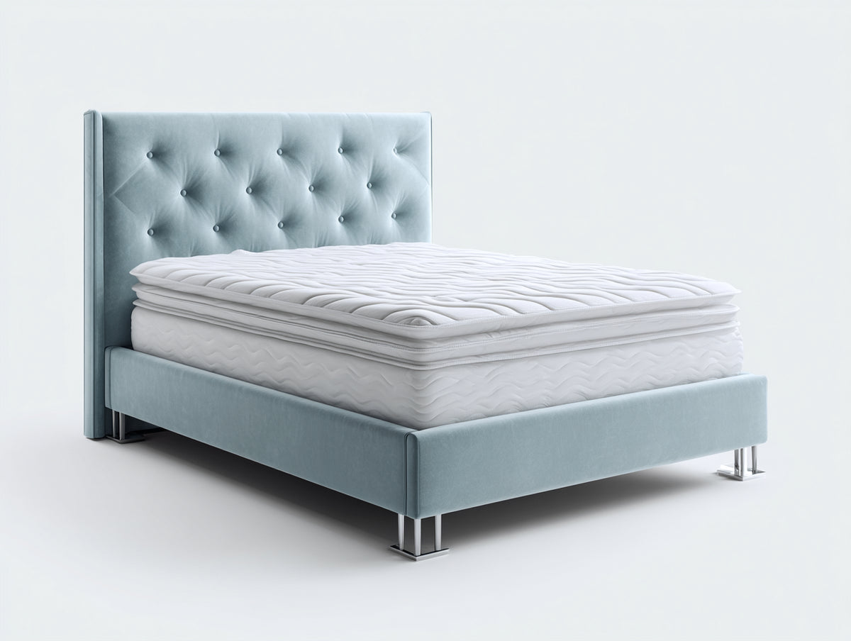 Doppelbett mit Stoffpolsterung 210 x 190 x 120 cm - Hellblau - Hohes Knopfheft-Kopfteil mit Metallfüßen