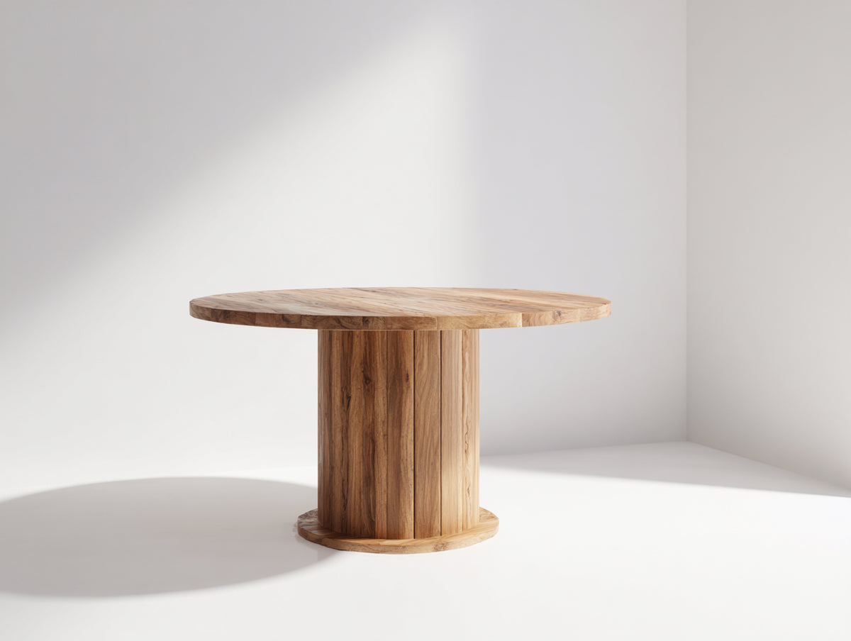 Gartentisch aus Holz 120 x 120 x 75 cm - Natur - rundes Design mit massiv wirkendem Säulenfuß