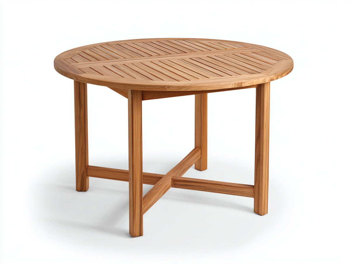 Gartentisch aus Holz 180 x 180 x 75 cm - Naturholz - Rundes Design mit Lamellentischplatte und Kreuzverstrebung