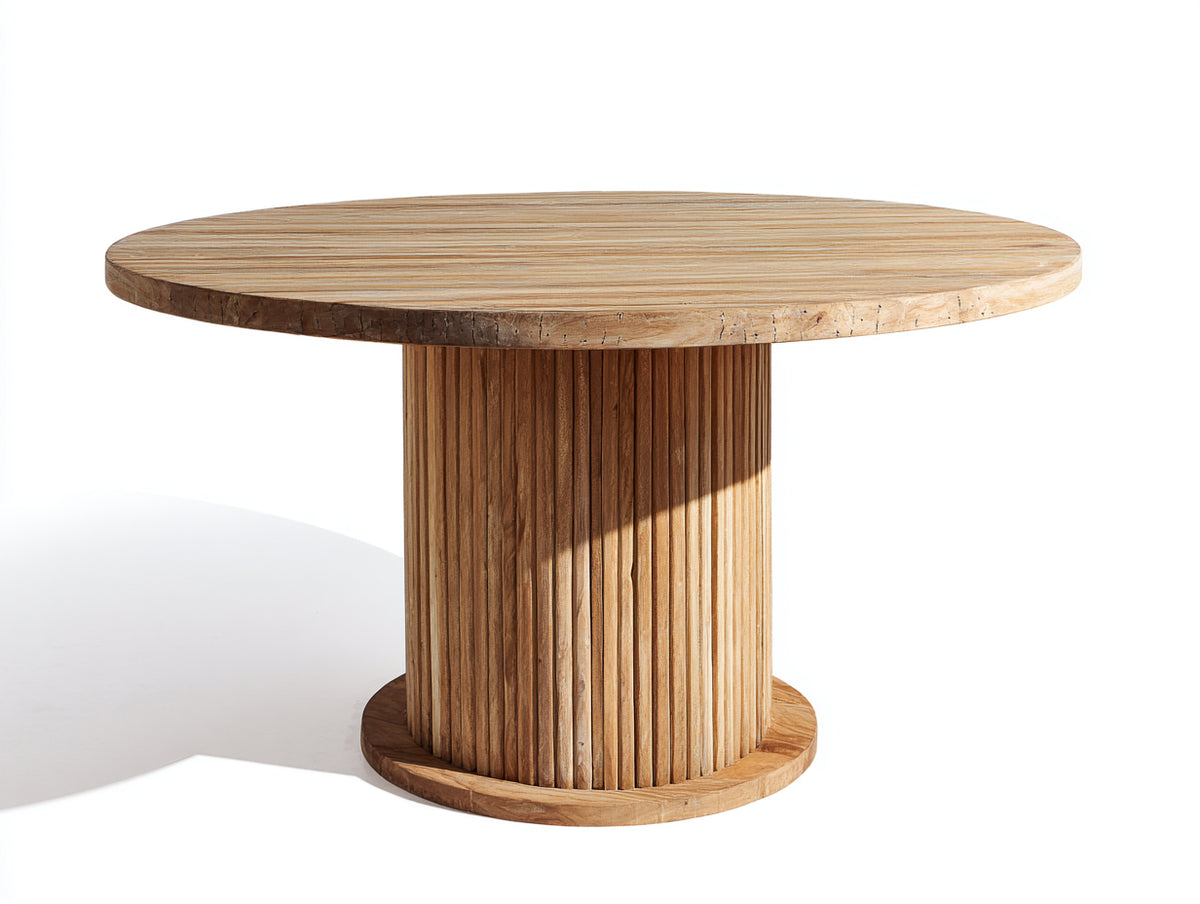 Gartentisch Holz 120 x 120 x 75 cm - Naturholz - runde Tischplatte mit geriffeltem Säulenfuß