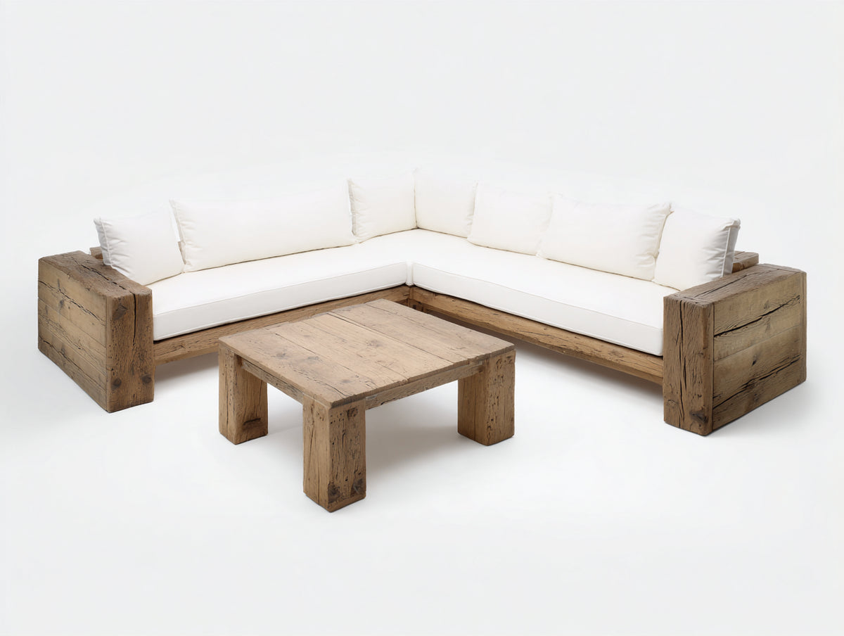 Gartensofa Holz 250 x 250 x 75 cm - Naturholz-Weiß - Eckform mit Gartentisch im rustikalen Design