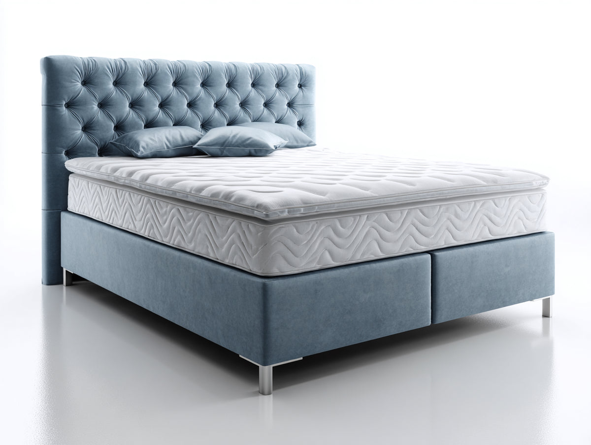 Doppelbett Samtpolsterung 215 x 180 x 125 cm - Hellblau - gepolstertes Kopfteil mit Knopfheftung modernes Design