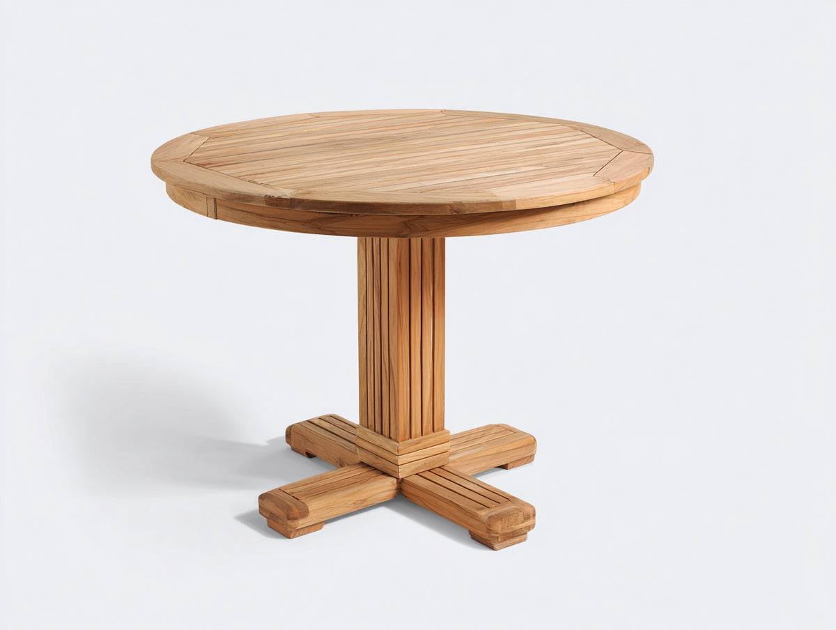 Gartentisch aus Holz 120 x 120 x 75 cm - Natur - rundes Design mit zentralem Säulenfuß und Kreuzbasis