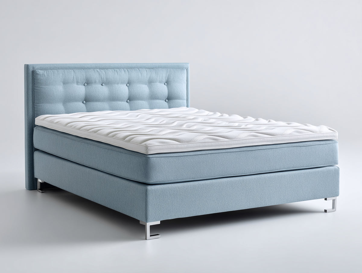 Doppelbett Stoffpolsterung 215 x 180 x 115 cm - Hellblau - gepolstertes Kopfteil mit Knopfheftung modernes Design