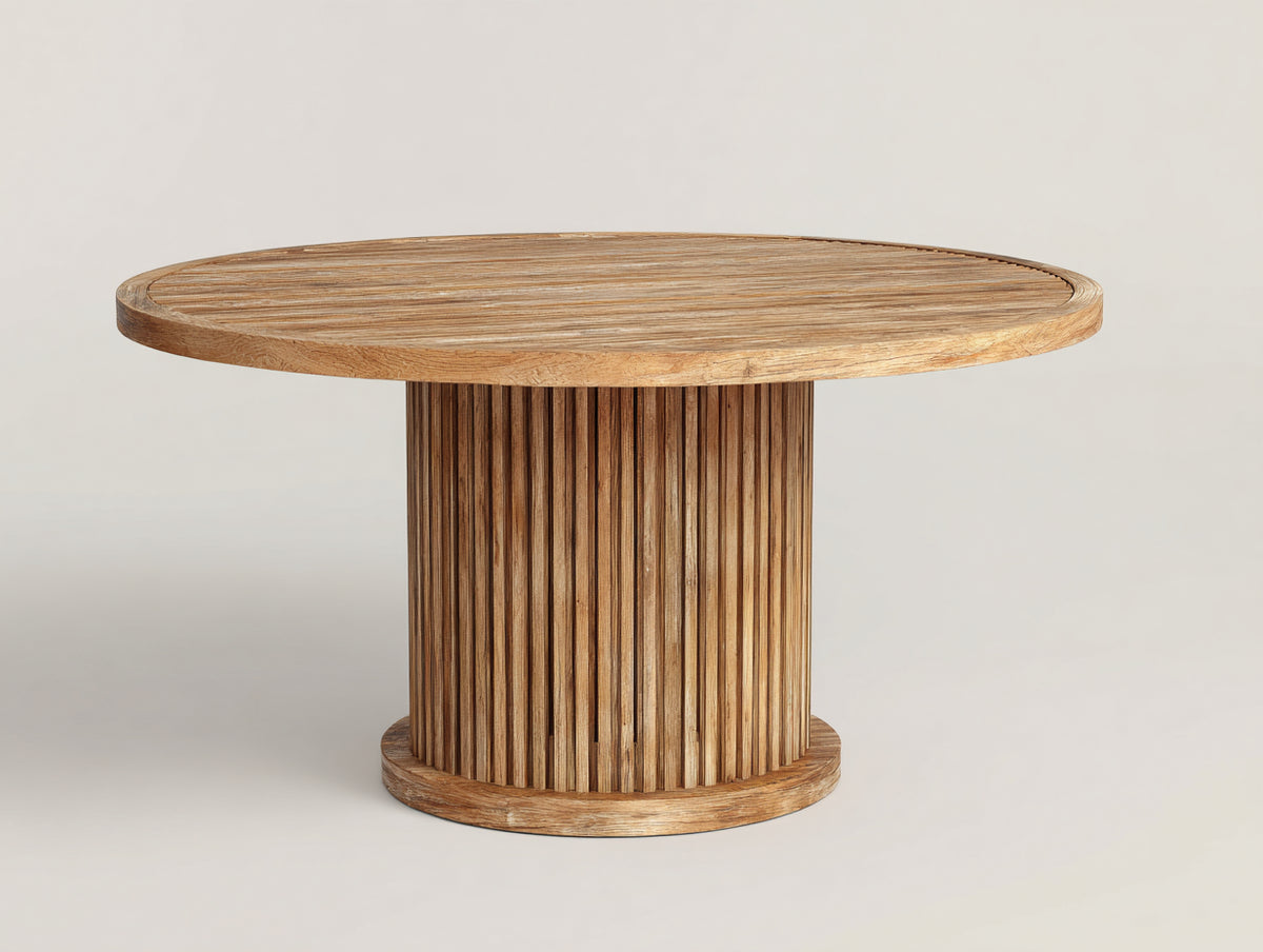 Gartentisch Holz 140 x 140 x 75 cm - Naturholz - runde Tischplatte mit geriffeltem Säulenfuß